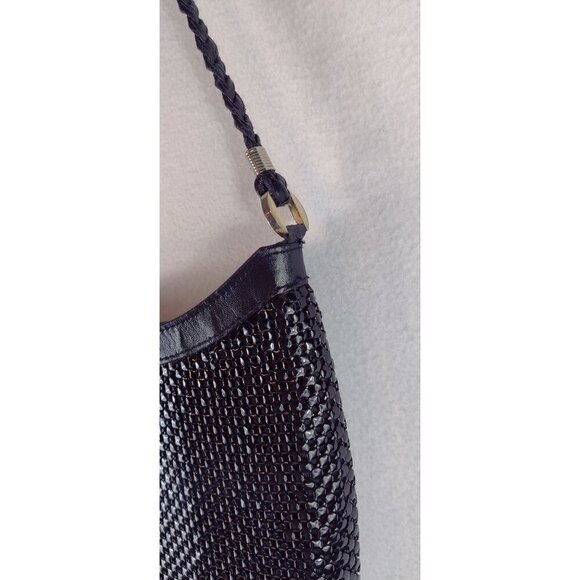 Black Mesh Handbag Shoulder Strap Braided Leather Glossy Day Evening 8x11 Purse - Picture 4 of 9